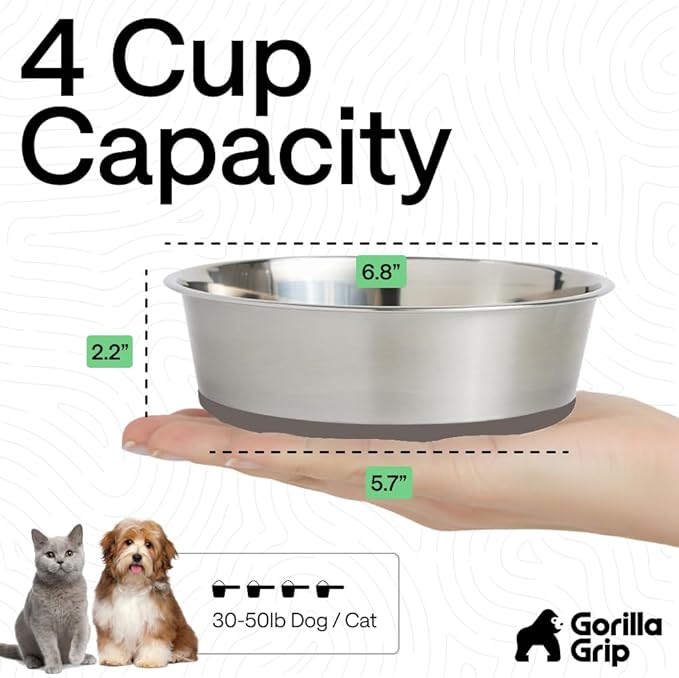 GORILLA GRIP Dog Bowls, Heavy Duty 304 Stainless Steel, Holds 4 Cups Each (32 fl oz) Food and Water Bowl for Feeding Dogs and Cats, Dishwasher Safe, Rust Resistant, BPA Free Rubber Base Set of 2 Beige