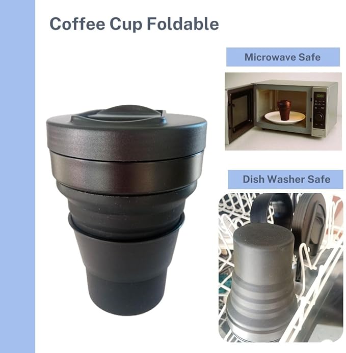 Collapsible Silicone Cup 12 oz – BPA Free Reusable Travel Cup with Lid & Straw – Foldable Pocket Size for Hot & Cold Drinks – Camping, Hiking, Office, Outdoor (Black)