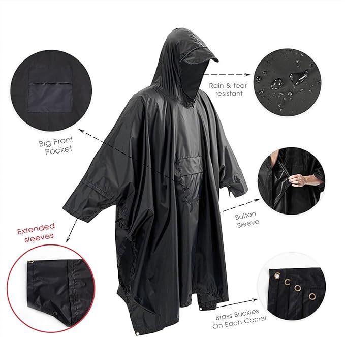 Cosmine Hooded Rain Poncho for Adult with Pocket, Waterproof Lightweight Unisex Raincoat Jacket for Hiking Camping Emergency