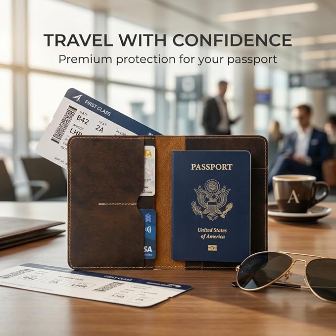 Rustique Leather Passport Holder Collection - Handmade Travel Wallet & Organizer - Full Grain Crazy Horse Leather Covers for Men & Women (Multiple Styles) (Document Organizer - Tobacco & Honey)