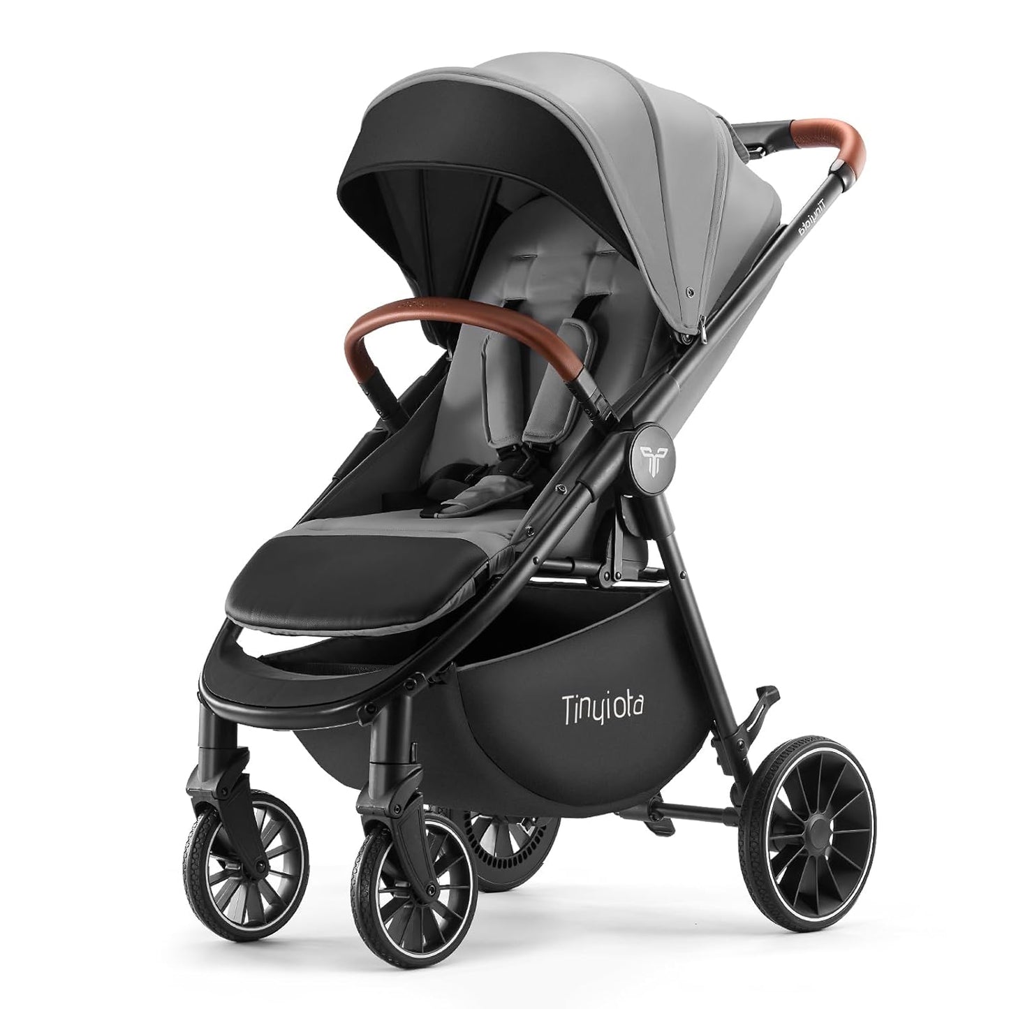 Tinyiota Baby Stroller, Infant Stroller with Large UPF 50+ Canopy,Luxury Pram Strollers with Leather Handle & Spacious Seat, One-Hand Foldable Pushchair, Toddler Carriage with Lie-Flat Mode(Gray)