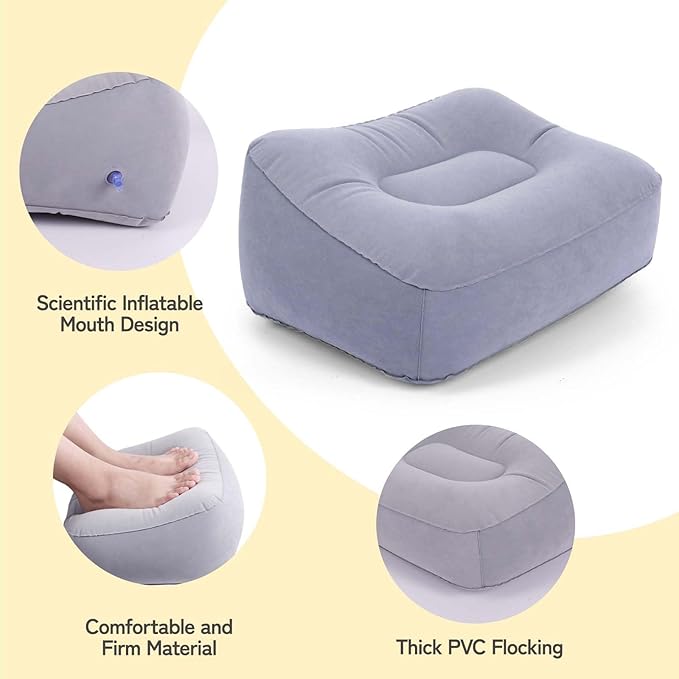 Inflatable Foot Rest for Airplane Travel & Office, Portable Leg Rest Pillow, Elevating Feet for Economy Flight, Home Desk, Car Use - Grey