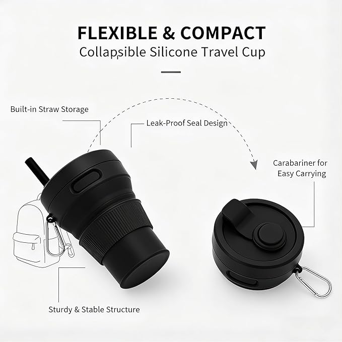 Silicone Coffee Mug Collapsible Cups for Camping Folding Travel with Straw Reusable Portable Drinking Cups Outdoor Hiking 450ml (Black-450ml, 1)