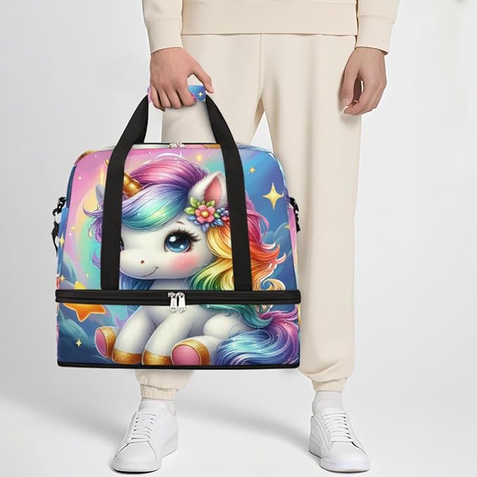 Rainbow Animal Unicorn Star Large Weekender Bag with Shoe Compartment Travel Duffel Bags for Women Carry On Hospital Overnight Bag Foldable Personal Item Travel Bags Tote Gym Sports Airplanes
