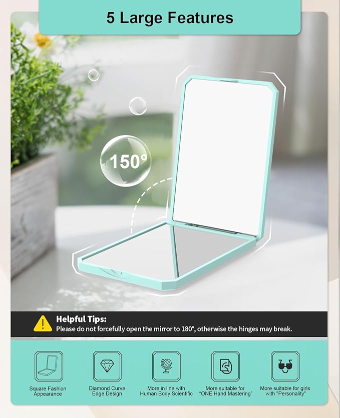 WOBSION Small Compact Mirror,1x/2x Travel Magnifying Mirror,2-Sided Handheld Portable Folding Mirror for Purse,Pocket,Gifts,Square(Cyan)