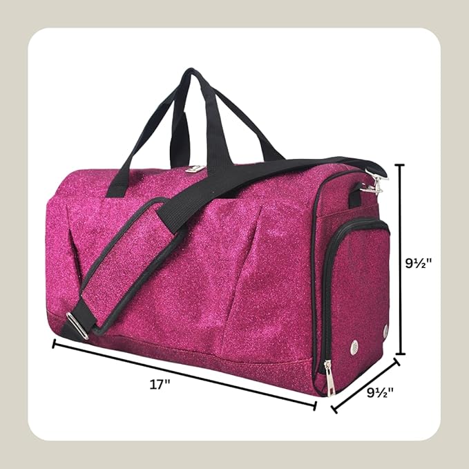 NGIL Glitter Cheers Sports Gym Duffel with Shoe Compartment and Small Carry on Travel Tote Bags for Women, Gym bag, Overnight bags for Women, Cheer Bag (Glitter-Hot Pink)