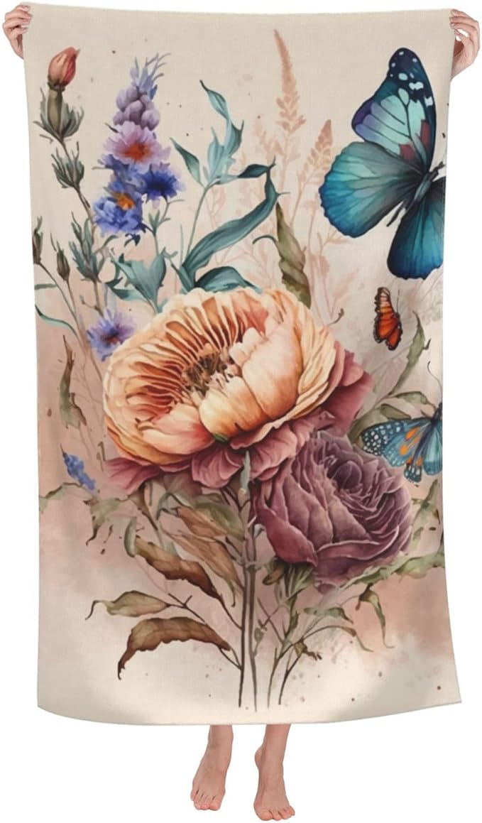 Microfiber Beach Towel, Flower Butterfly Beach Towels 32x52in,Quick Dry, Sand Free, Ultra Soft & Oversized Towel for Travel, Outdoor, Bathroom, Swimming - Ideal for Pool, Camping, Yoga, or Gift Decor