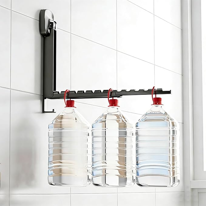 Foldable Clothes Drying Rack, Wall Mounted Drying Rack with Suction Cup, Retractable, Portable Over The Door Hooks Hanger for Laundry Bathroom RV Balcony. (Black)