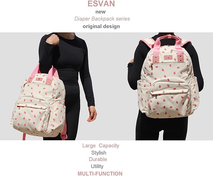 Diaper Bag Backpack, Large Capacity Multifunction Baby Essentials Fashion Travel Pack Linen Canvas office Laptop Bag (Corduroy Pink Strawberry)