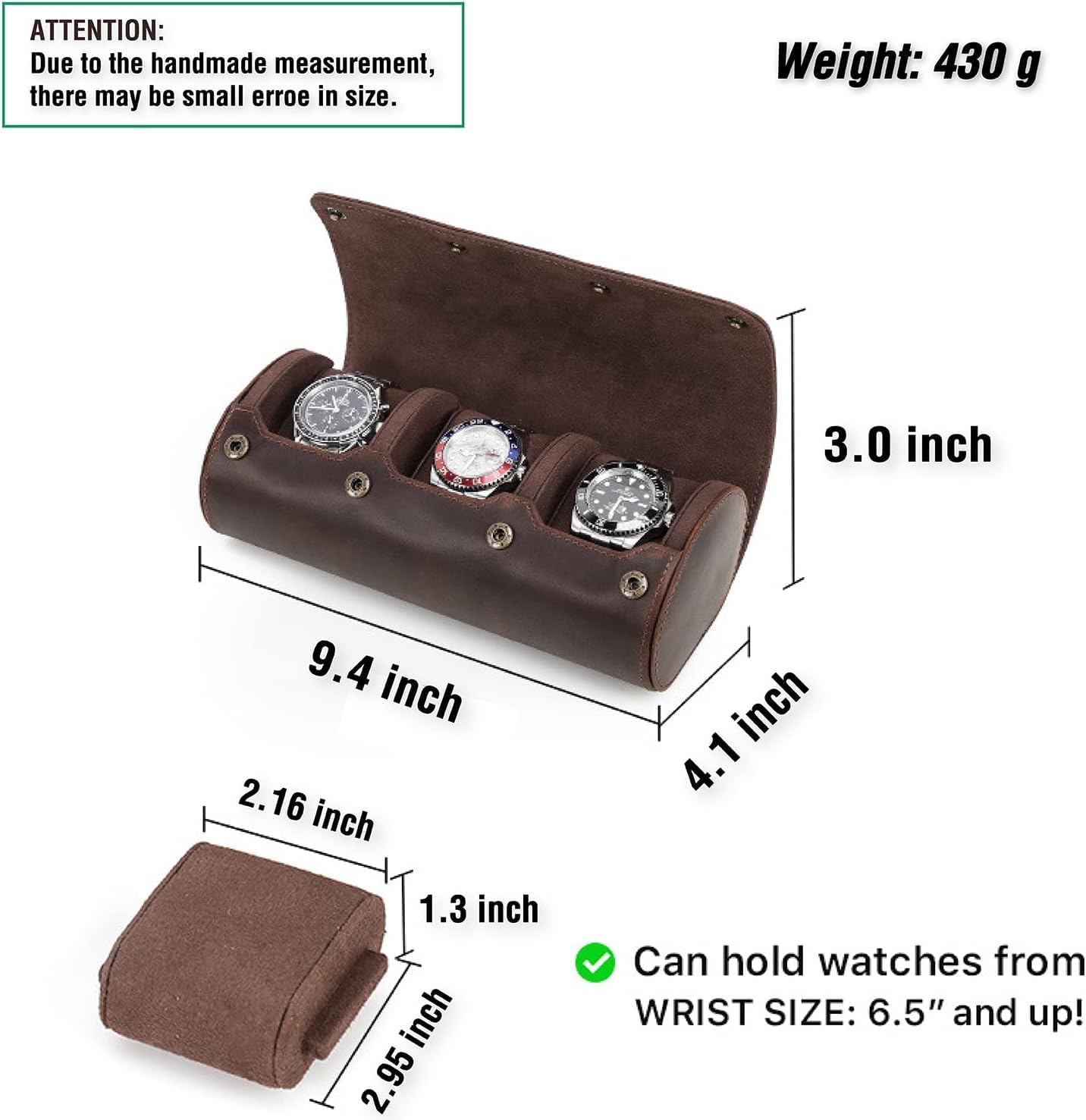 Genuine Leather Watch Roll Travel Case,3 Slots Vintage Full Grain Leather Watch Box with Pillow for Men,Watch Storage Organizer for Home Storage,Anniversary Birthday Christmas Gift