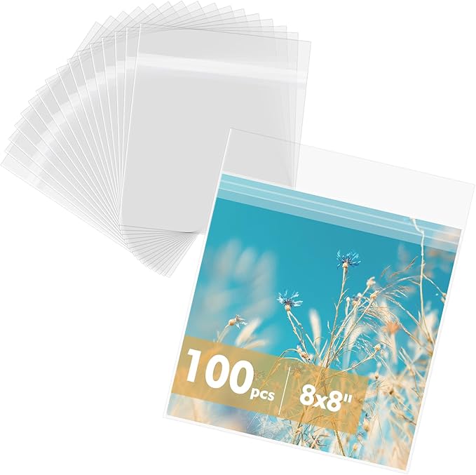 Mat Board Center 8x8 Inches Crystal Clear Sleeves Storage Bags, 100 Pack Self Sealing Cellophane Bags for Packaging Prints & Photos