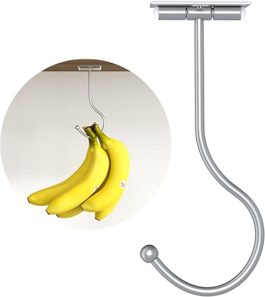 Modern Banana Hanger Hook Under Cabinet: Adhesive Banana Holder Silver, Foldable with Magnets When Not in Use, Under Counter Banana Hook, Stainless, Hold 13 LB