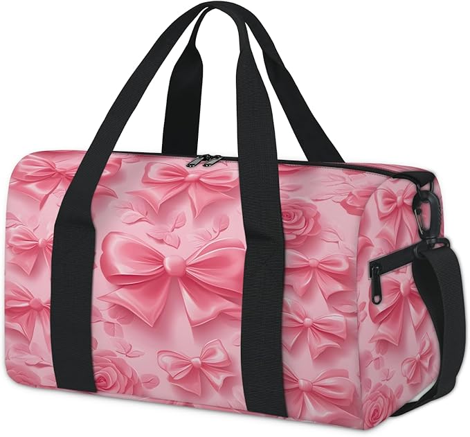 Pink Flower Bow Travel Duffle Bag for Women Men, Overnight Weekender Bag, Carry on Tote for Sport Gym