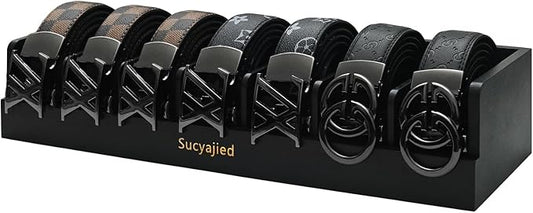 Belt Organizer, 7 Compartments Belt Organizer for Closet and Drawer, Belt Holder Case for Tie and Belt, Bamboo Storage Box for Men and Women (Black, 7)