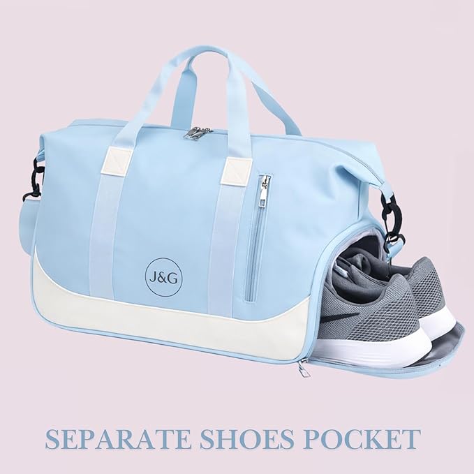 J&G Waterproof Gym Duffel Bag – Lightweight Travel & Sports Bag with Shoe Compartment and Wet Pocket for Men & Women – Carry-On Weekender for Gym, Beach, Trips – 8 Colors (Light Blue)