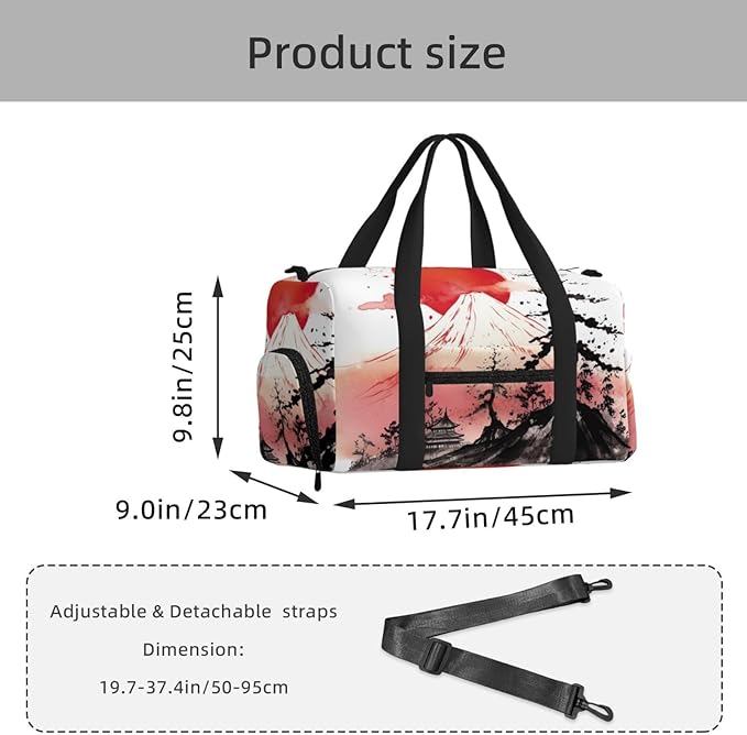 Sports Gym Bag Japan Traditional Sun Fuji Mountain Art Painting Travel Duffel Bag With Shoe Compartment Shoulder Strap, Lightweight Water-Resistant Weekend Overnight Totes For Women Men