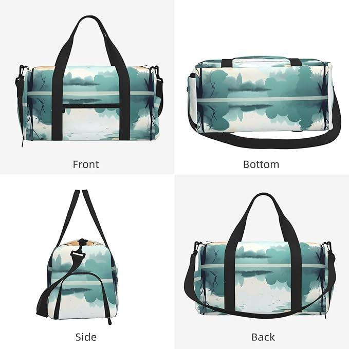 Fallen leaves on lake Print Gym Bag with Shoe Compartment for Women Men, 17.7in Sports Duffle Weekender Tote, Overnight Travel Duffel Bag Carry On