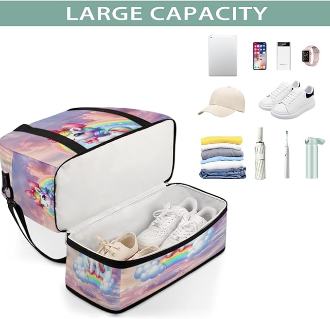 Rainbow Animal Unicorn Large Weekender Bag with Shoe Compartment Travel Duffel Bags for Women Carry On Hospital Overnight Bag Foldable Personal Item Travel Bags Tote Gym Sports Airplanes