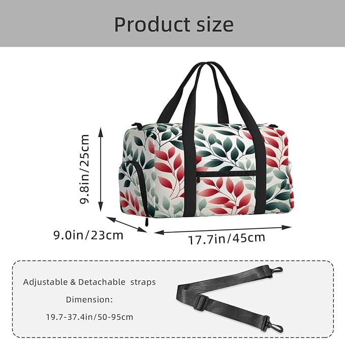 Sports Gym Bag Red Green Leaves Travel Duffel Bag With Shoe Compartment Shoulder Strap, Lightweight Water-Resistant Weekend Overnight Totes For Women Men