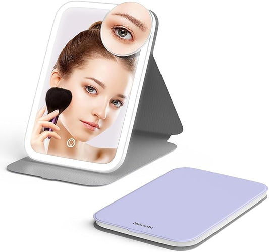 Mocado Travel Makeup Mirro with Lights, 360° Rotation Lighted Makeup Mirror, Portable Mirror with 10x Magnification, 60LEDs 3 Color Lightings, Dimmable Touch Screen, Tabletop Light up(Purple)