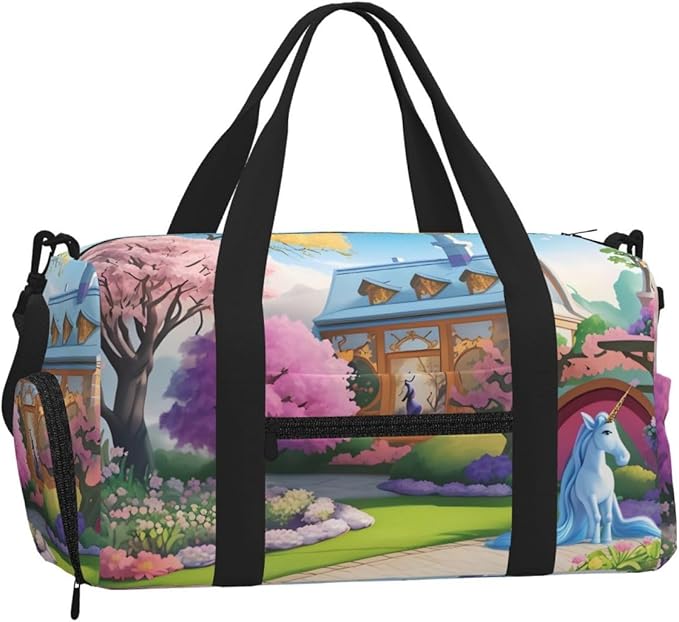 Unicorn Fairy Tale Print Gym Bag with Shoe Compartment for Women Men, 17.7in Sports Duffle Weekender Tote, Overnight Travel Duffel Bag Carry On