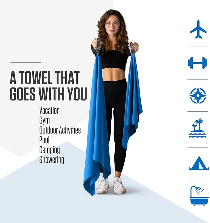 VENTURE 4TH Quick Dry Towel. Microfiber Travel Towel Ideal for Camping, Hiking, Backpacking, Gym. Lightweight & Fast Drying Travel Towels for Body. Compact & Easy to Pack - Blue Large
