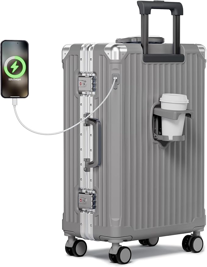 Krute Zipperless Luggage with Spinner Wheels Checked Aluminum Frame Luggage PC Hard Shell Suitcase with Charger and Cup Holder TSA Lock No Zipper 24 Inch Suitcases