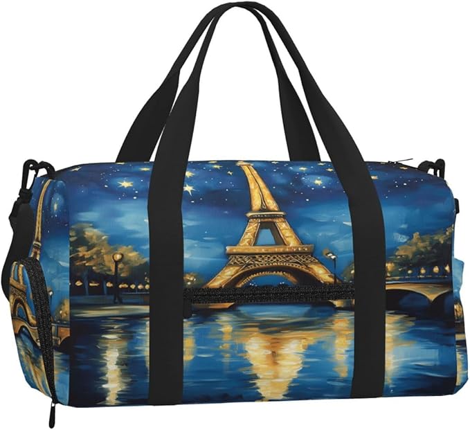 Sports Gym Bag Paris Eiffel Tower Starry Night Travel Duffel Bag With Shoe Compartment Shoulder Strap, Lightweight Water-Resistant Weekend Overnight Totes For Women Men