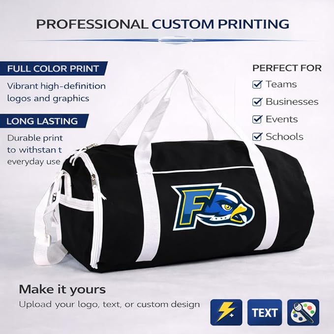 Custom Roll Duffel Bag with Your Logo or Text – Personalized Gym Bag, Sports Team Bag, Travel Bag – Adjustable Shoulder Strap, 600D Polyester, 18 Inch, 4 Colors, Model 3018
