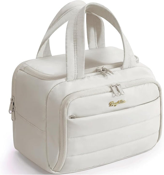 Travel Toiletry Bag for Women, Lightweight Large Quilted Puffy Makeup Bag Wide-open Make up Organizer Cloud Cosmetic Bag w/Handle for Traveling Toiletries, Essentials, Accessories, Beige