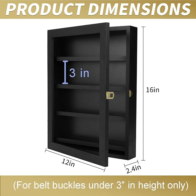 3" Belt Buckle Display Case 16×12 Black Shadow Box with Glass Door – Wall-Mounted Belt Buckle Holder & Display Frame for Collectibles – Home Décor Picture Frame (For belt buckles under 3" in height only)