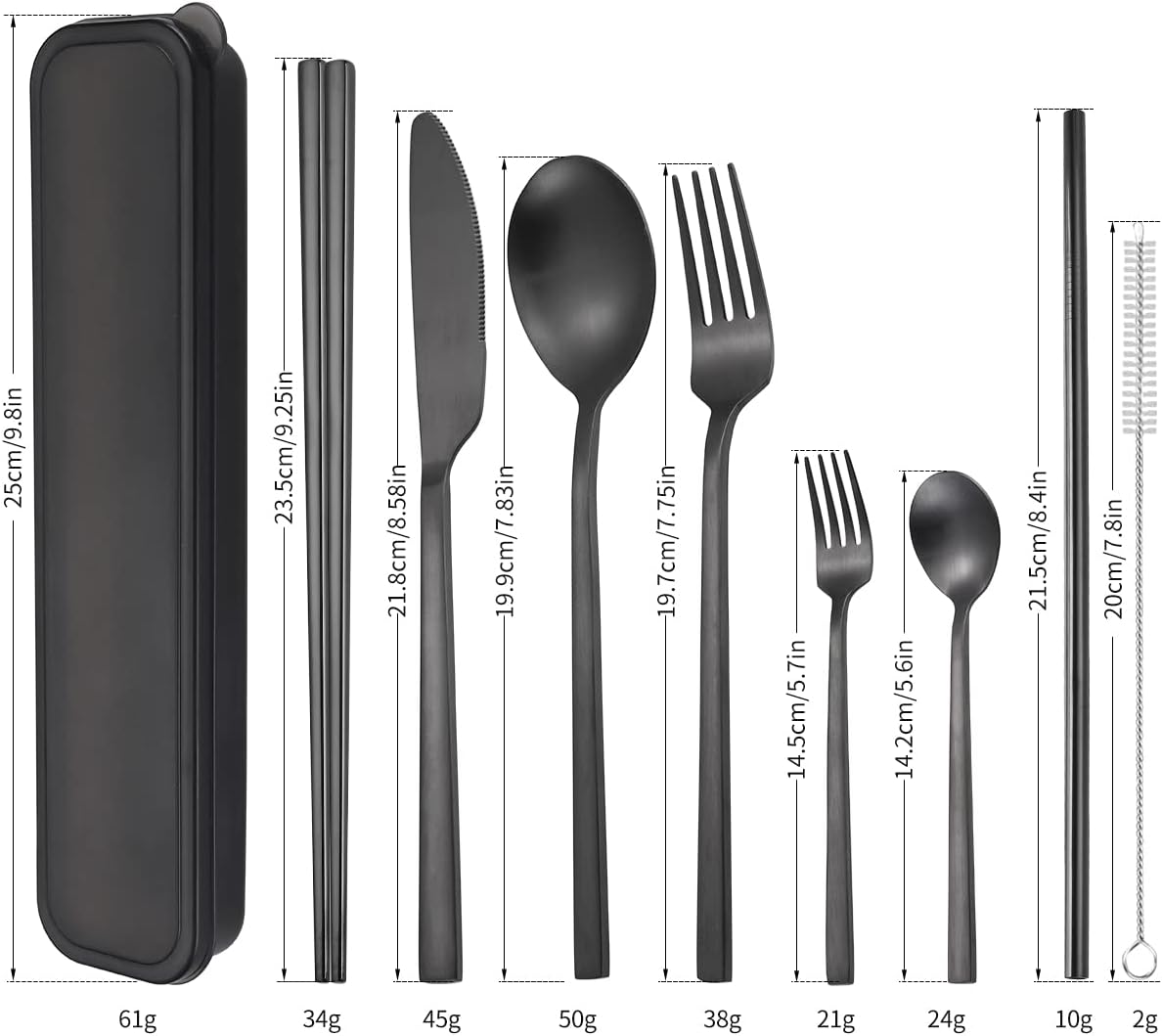 AARAINBOW 6 Pieces Stainless Steel Flatware Set Portable Reusable Cutlery Set Travel Utensils Set Including Chopsticks Knife Fork Spoon Straws Cleaning Brush Dishwasher Safe (B-Black)