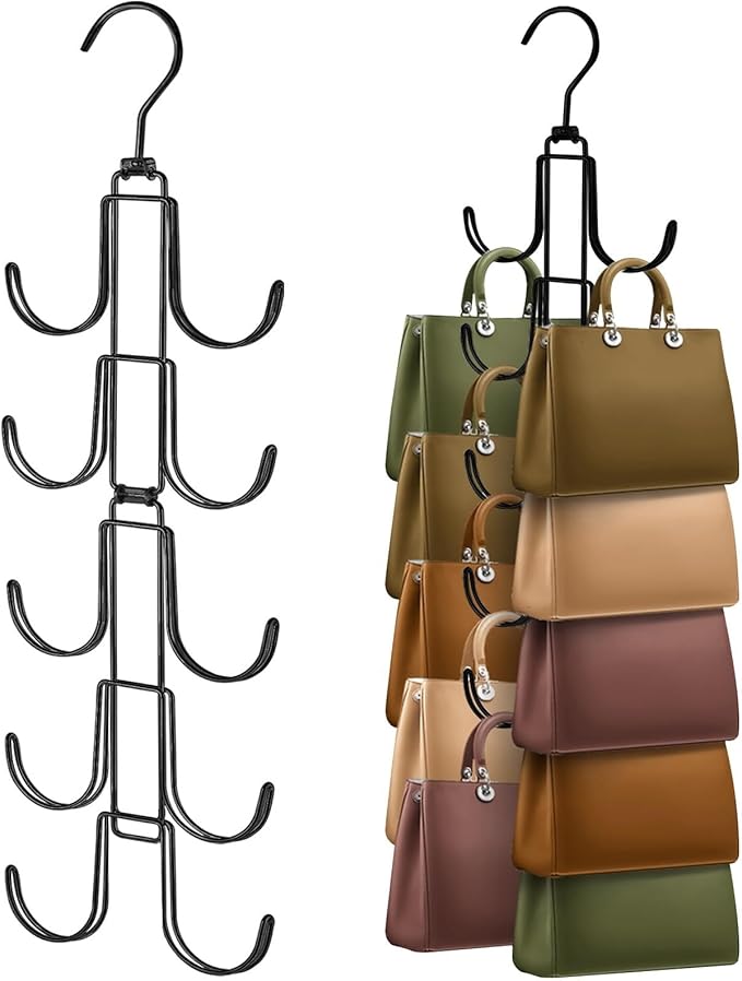 Purse Organizer for Closet, Upgraded Purse Hanger with 10 Big Hooks, 360 Degree Rotation for Better Organizer and Display, Collapsible Space Saving Hangers Rack for Handbag, Scarve, Tie, Black