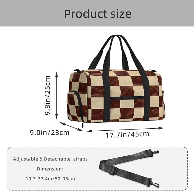 Sports Gym Bag Brown Marbling Checkerboard Grid Travel Duffel Bag With Shoe Compartment Shoulder Strap, Lightweight Water-Resistant Weekend Overnight Totes For Women Men