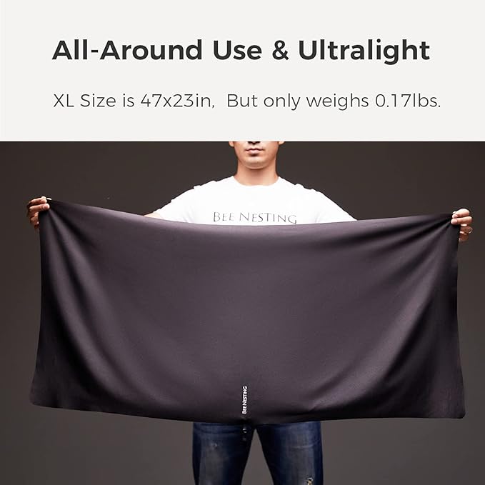 Bee Nesting Ultralight Quick Dry Towels in XLarge & Small Sizes with Compact Packable Pocket Microfiber Towel for Backpacking Travel Beach Hiking Swimming Sports & Yoga (Black 2 Set)