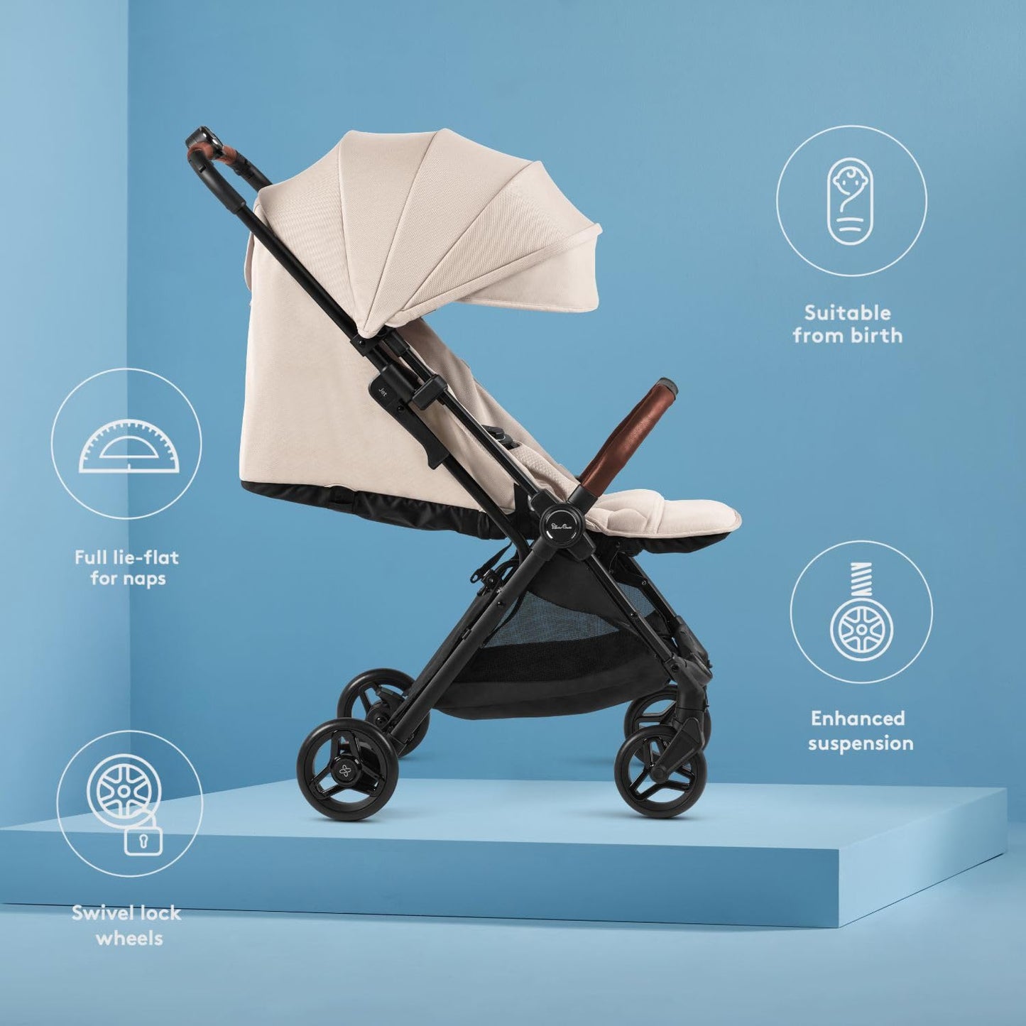 Silver Cross Jet 5 - Full Size TSA Approved Infant & Toddler Travel Stroller - Lightweight, Compact & Easy to Fold, with All-Terrain Wheels and One Hand Full Flat Recline (Almond White)