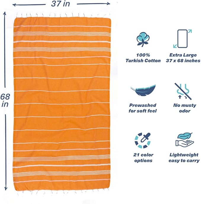 Hencely Turkish Beach Towel 37x68 Oversized, Sand-Free, Quick-Dry, Lightweight - Travel Essential for Pool & Bath - Striped 100% Cotton Bathroom Towels Accessories Gift (Orange)