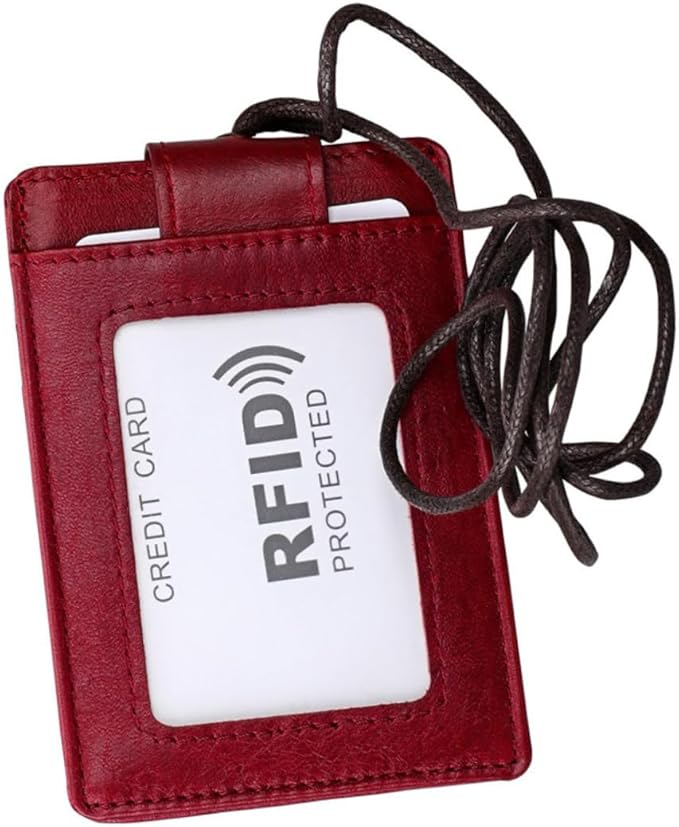 Leather RFID Boarding Pass Id Holder for Travel Lightweight Hanging Neck Style Document Organizer for Students Professionals Red