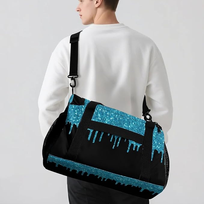 Custom Teal Blue Bling Sequin Print Duffel Bag with Name Adjustable Shoulder Strap Casual Bag for Teens Adults Handheld Crossbody Travel Bag