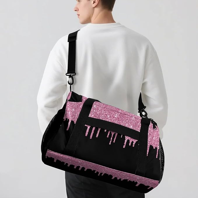 Pink Black Sparkle Glitter Print Waterproof Duffel Bag Gym Dance Sport Perform Training Bag for Teens Adults Women Men Handheld Crossbody Travel Bag