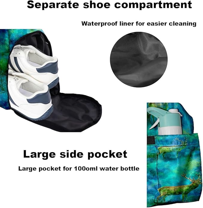 Ethereal Deer Blue Gym Bag for Women & Tennis Bag, Large Sports Duffel Bag Waterproof with Ventilated Shoe Compartment & Front Racket Sleeve, Lightweight Travel Weekender Overnight Bag