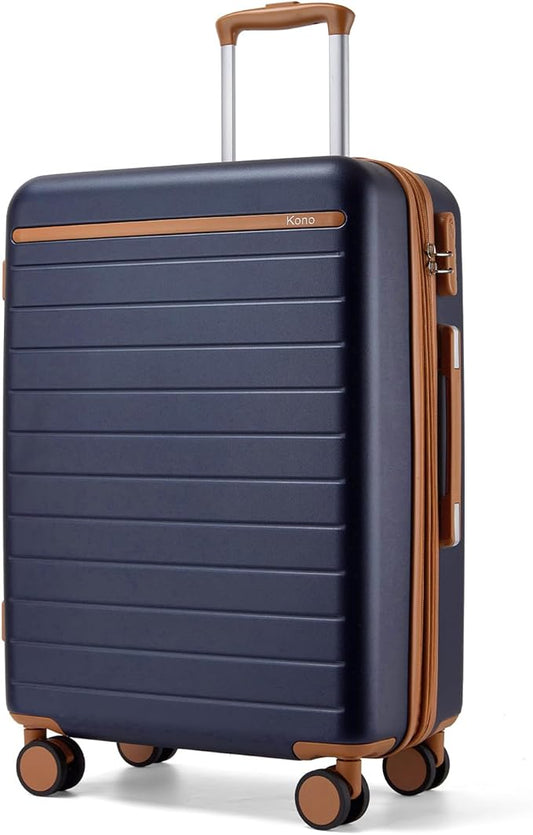 Kono 24 Inch Check In Suitcase Expandable Luggage, Business Travel Suitcase for 5-7 Days, Durable ABS+PC Hardshell with Side Handles & Kick Plates, Double Spinner Silent Wheels, Navy/Brown