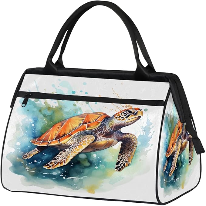 Watercolor Turtle Painting Travel Duffel Bag, Waterproof Sports Gym Duffle Bag, Large Capacity Weekender Carry On Overnight Bags for Women Men