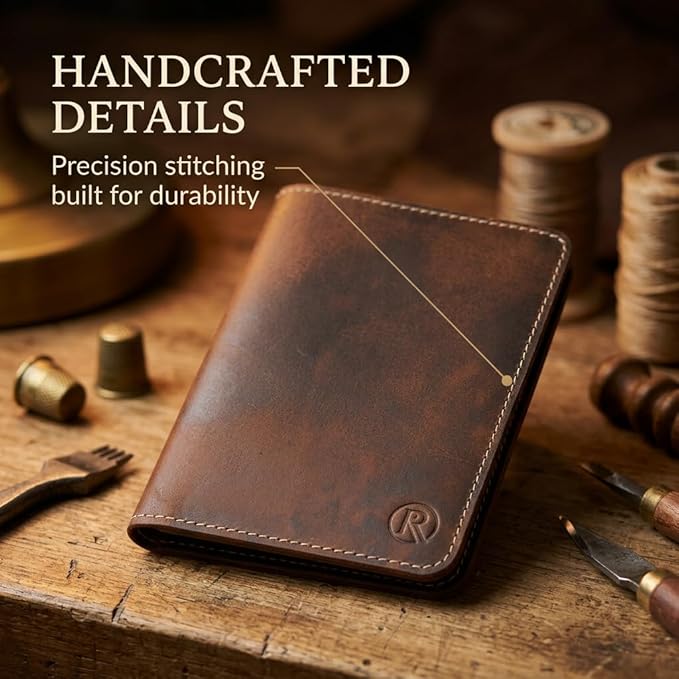 Rustique Leather Passport Holder Collection - Handmade Travel Wallet & Organizer - Full Grain Crazy Horse Leather Covers for Men & Women (Multiple Styles) (Wavy Pocket Wallet - Tobacco & Honey)