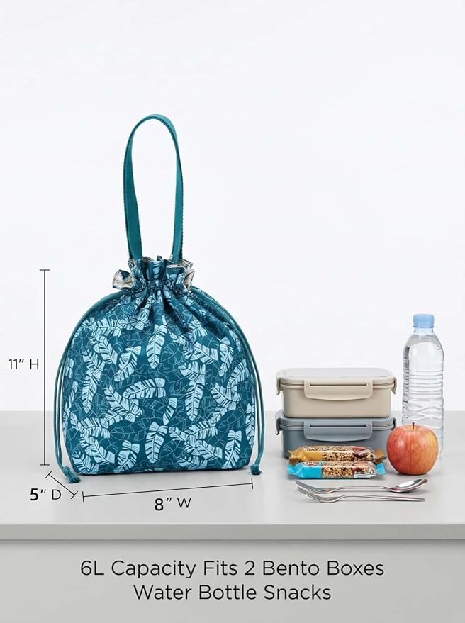 Reusable Small Lunch Bag,Drawstring Lunch Bag,Insulated Handbag Tote bag with Handle (Broadleaf Blue)