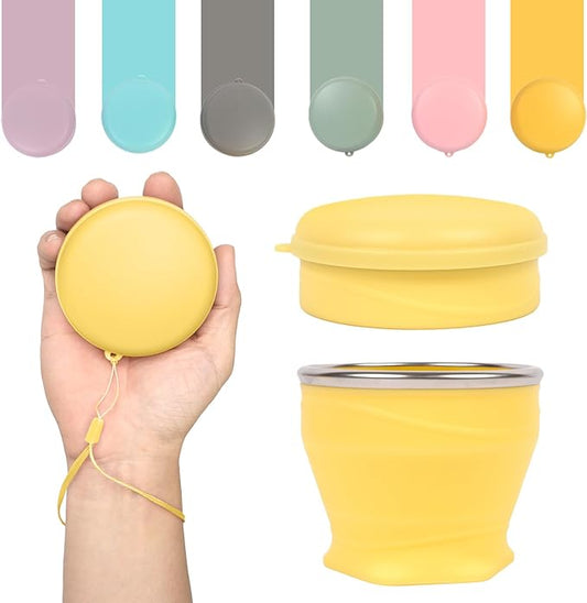 Collapsible Travel Cup with Lid (6oz/180ml) - BPA Free Silicone Folding Cup with Stainless Steel Rim - Portable Pocket Size Drinking Cup for Mouthwash, Pills,Hiking, Camping & Kids(Yellow)