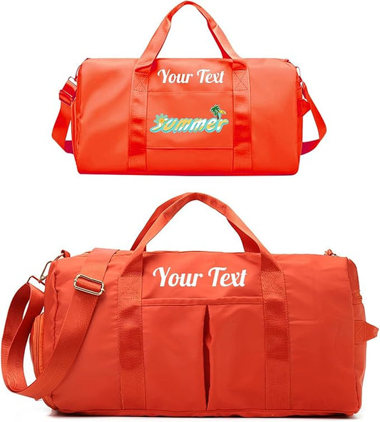 Custom Duffle Bag, Personalized Embroidered Sports Gym Bag for Women/Men, Travel Bag with Double-Sided Customization and Separate Wet and Dry Pockets and Shoe Bags-Orange