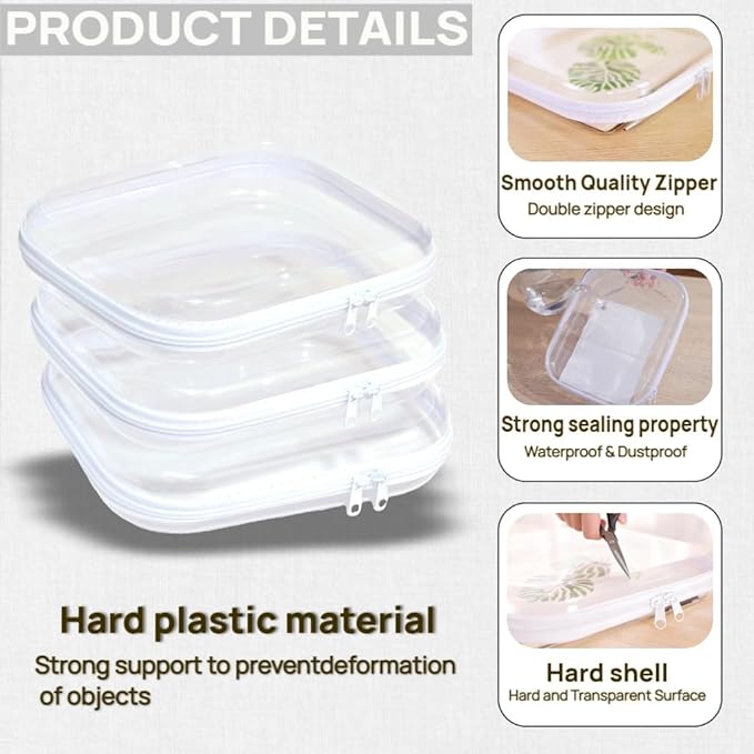 3PCS Clear Hard Plastic Zipper Case, Double Zippers Hard Pouch, Portable Travel Organizer Bin Clear Makeup Bag for Toy Storage, Snack Bag, Cosmetics, Pencil Case, Diaper Bag, Toiletry Bag (3PCS-M)