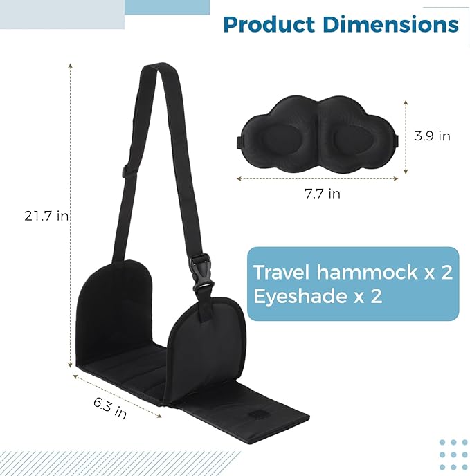 2 PCS Foot Hammock for Plane Travel with 2 Eyeshades, Plane Foot Hammock, Under Desk Foot Hammock for Office, Adjustable Length and Portable Design, No Collapse with Bamboo Board Support