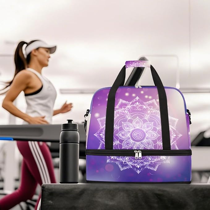 Purple Mandala Flower Abstract Large Weekender Bag with Shoe Compartment Travel Duffel Bags for Women Carry On Hospital Overnight Bag Foldable Personal Item Travel Bags Tote Gym Sports Airplanes